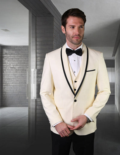 Mens Vested Wool Tuxedo in Shawl Lapel with Satin Trim in Ivory & Black 1 GENOVA_OFFWHITE_34S  - from alligatorwarehouse.com