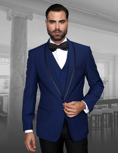 Mens Vested Wool Tuxedo in Shawl Lapel with Satin Trim in Sapphire Blue & Black 1 GENOVA_SAPPHIRE_38S  - from alligatorwarehouse.com
