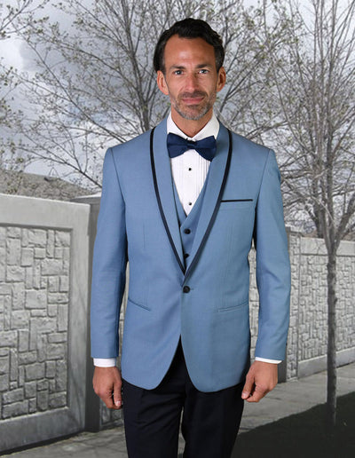 Mens Vested Wool Tuxedo in Shawl Lapel with Satin Trim in Steel Blue & Black 1 GENOVA_STEELBLUE_34S  - from alligatorwarehouse.com