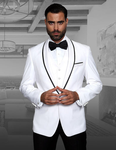 Mens Vested Wool Tuxedo in Shawl Lapel with Satin Trim in White & Black 1 GENOVA_WHITE_38S  - from alligatorwarehouse.com