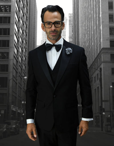 Mens 1 Button Peak Lapel Vested Wool Tuxedo in Black 1 85-9136  - from alligatorwarehouse.com