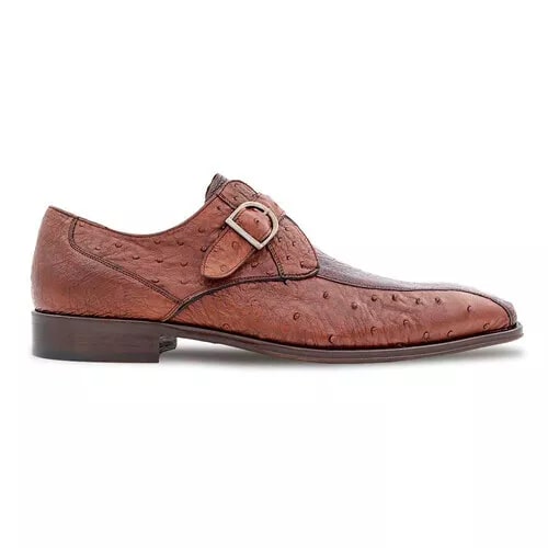 Mezlan Men's Genuine Full Quill Ostrich Leg Monk Brown  Strap Shoes