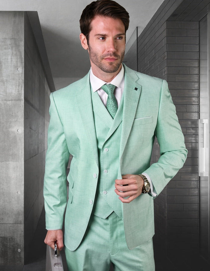 Mens Ticket Pocket Peak Lapel Double breasted Vest 100% Wool Tom Ford Style Modern Fit in Color "Mint" By Statement