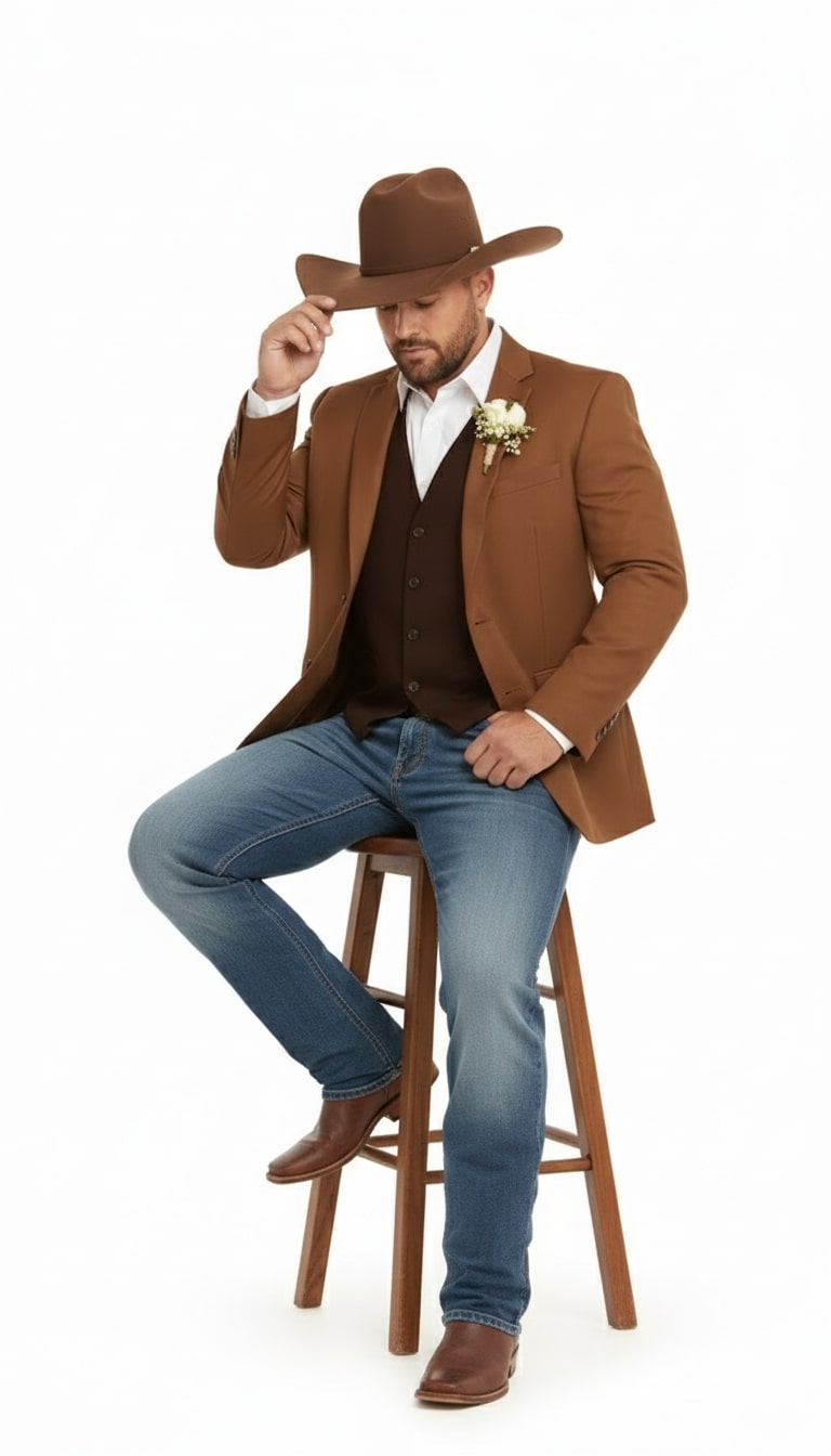 Mens Rust Copper Brown Western Blazer – Cowboy Style Classic Tailored Jacket for Weddings, Rodeos and Country Events