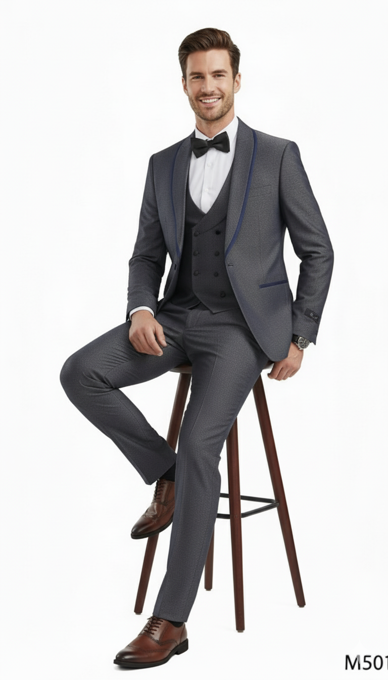 Men’s Charcoal Gray with blue Trim Slim Fit 3-Piece Suit – Modern Wedding and Business Formal Tuxedo Set