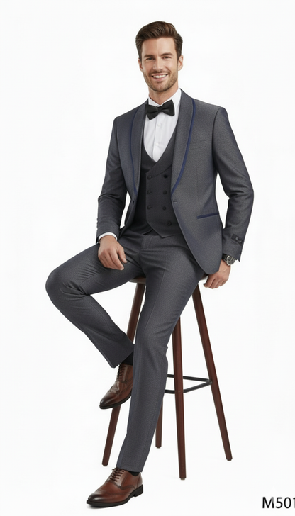 Men’s Charcoal Gray with blue Trim Slim Fit 3-Piece Suit – Modern Wedding and Business Formal Tuxedo Set