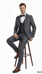 Men’s Charcoal Gray with blue Trim Slim Fit 3-Piece Suit – Modern Wedding and Business Formal Tuxedo Set