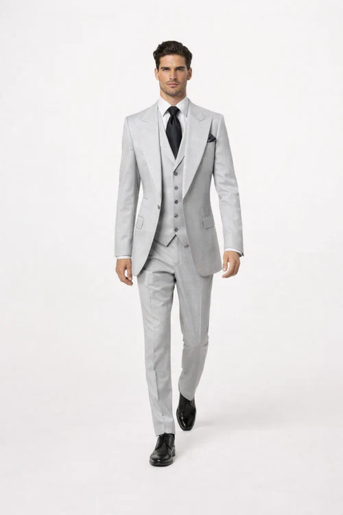 Suits With Baggy Pleated Pants - Wide Leg Pants 100% Wool - Classic Fit in Grey One Button 3 Piece Suit by Rossiman