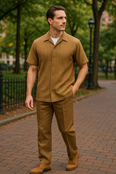 Mens Mocha Brown Short Sleeve Knit Walking Suit – Two-Piece Casual Button Down Set in Taupe Coffee Color 4   - from alligatorwarehouse.com