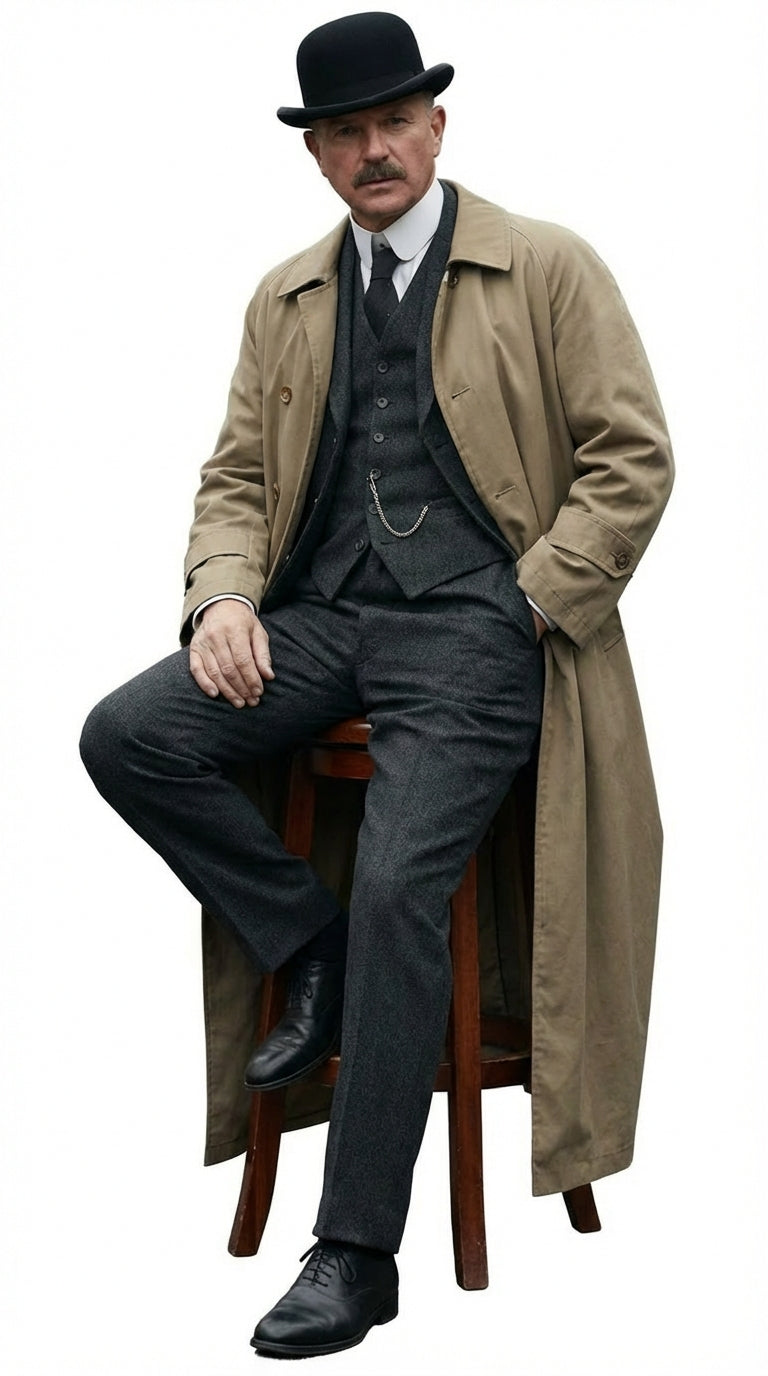 Men’s Beige Cotton Trench Coat Suit Package – Classic Long Overcoat for Formal + Suit + Hat