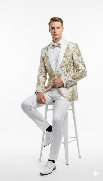 Mens White and Gold Floral Tuxedo Jacket with Satin Lapel – Luxury Prom, Wedding and Formal Dinner Blazer 4   - from alligatorwarehouse.com