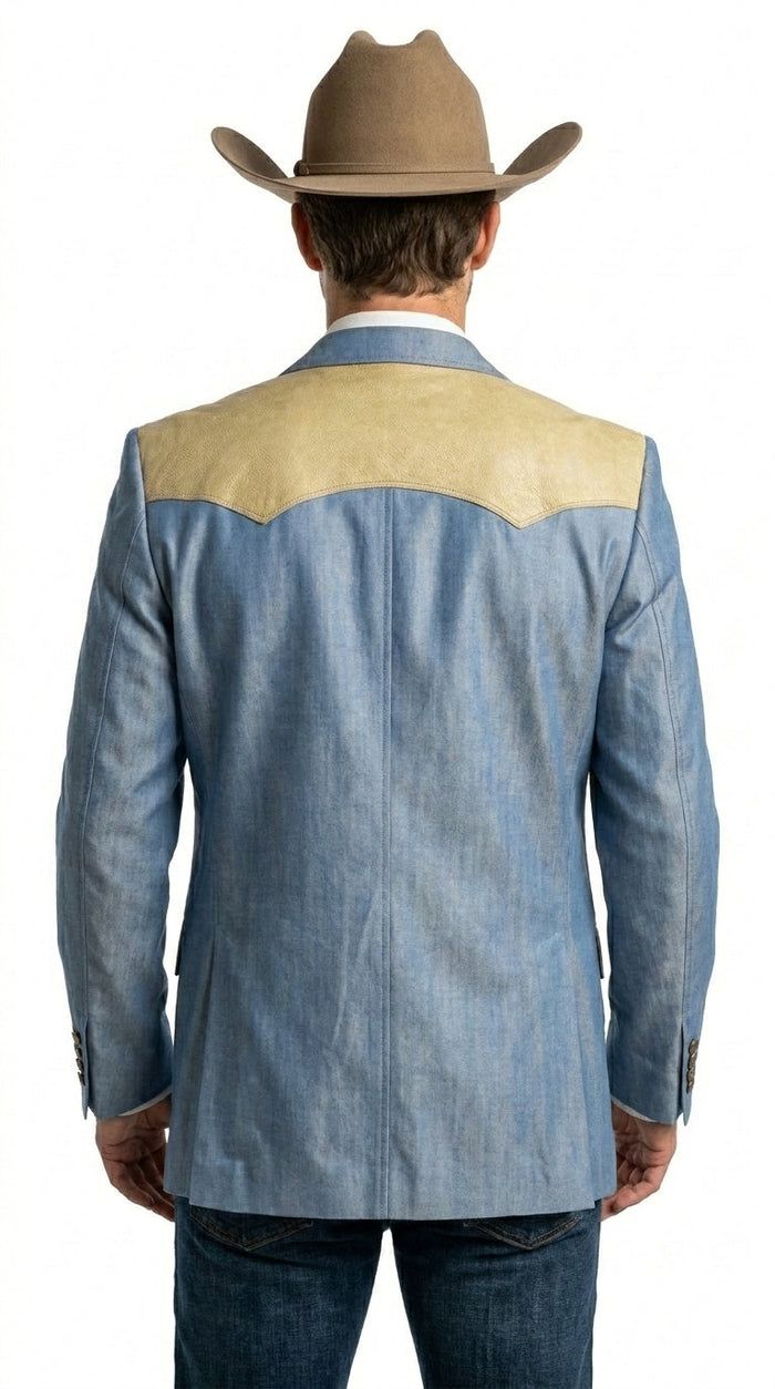 Men’s Steel - Light Blue and Bone Color Western Cowboy Blazer – Shiny Country Style Dress Jacket for Rodeo Saco De Hombre Vaquero