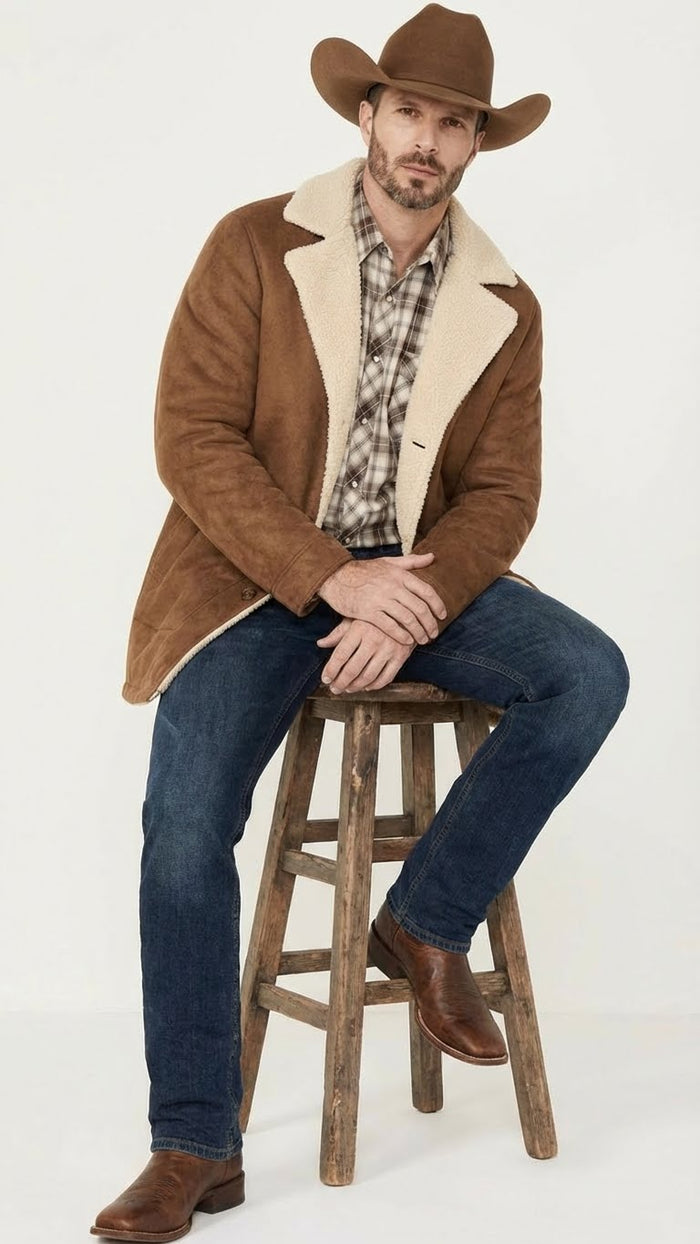 Men’s Brown Western Faux Suede Blazer Coat – Cowboy Style Long Jacket for Wedding, Party and Special Events