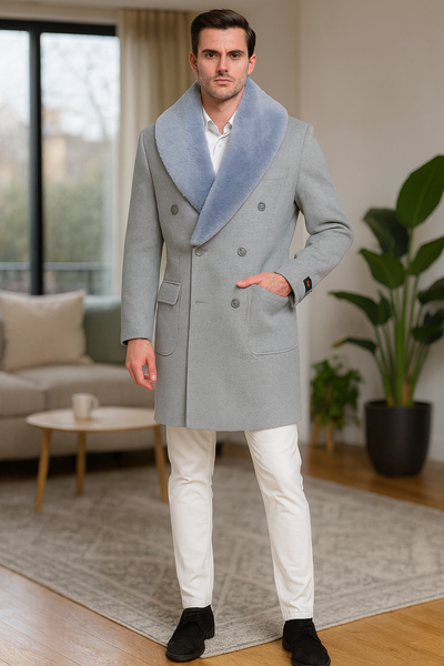 Men’s Light Grey Double Breasted Overcoat with Faux Fur Shawl Collar – Winter Luxury Coat Wool Fabric 5   - from alligatorwarehouse.com