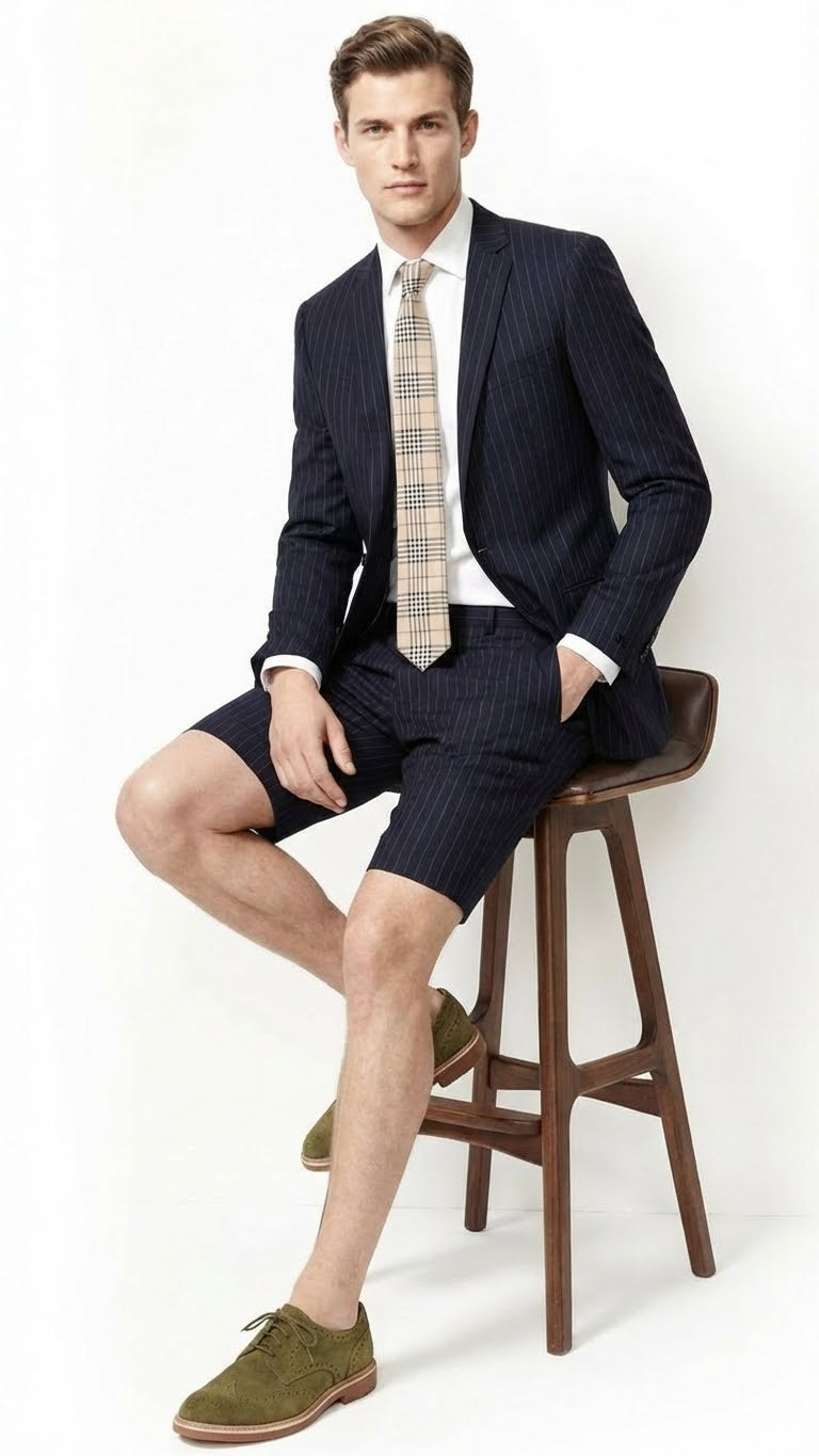 Men’s Dark Navy Blue Pinstripe or Black Pinstripe  Summer Business Suit with Shorts Pants Set – Sport Coat Style Formal and Casual Outfit