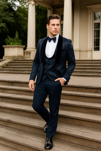 Men’s Navy Blue Jacquard Tuxedo with Black Velvet Shawl Lapel – 3 Piece Formal Suit with Bow Tie 6   - from alligatorwarehouse.com