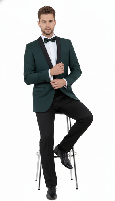 Men’s Green Tuxedo Suit – Slim Fit Jacket with Black Satin Shawl Lapel and Black Pants in Hunter Green 4   - from alligatorwarehouse.com