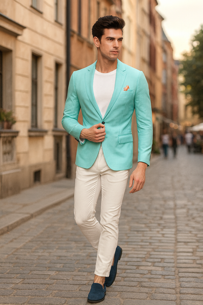 Men’s Aqua Blazer – Slim Fit One Button Suit Jacket with Stylish Floral Inner Lining - Light Turquoise 1   - from alligatorwarehouse.com