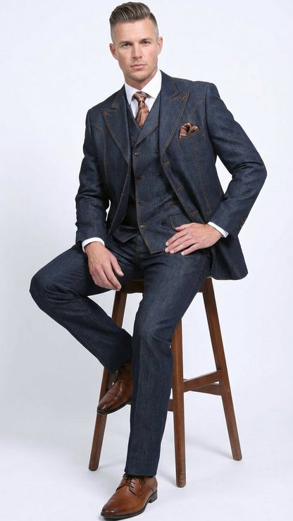 Men’s Dark Denim Blue Fabric Suit – Classic Three Piece Denim Suit for Wedding, Party and Formal Events
