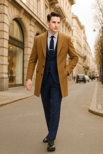 Men’s Camel Brown Wool Overcoat – Classic Long Dress Coat for Business and Casual Wear in Vecuna Color 3   - from alligatorwarehouse.com