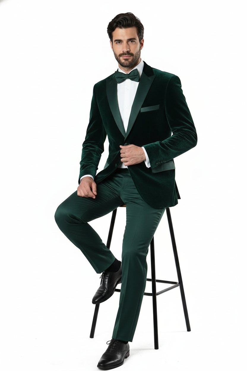 Men’s Dark Green Velvet Tuxedo Dinner Jacket – Slim Fit Formal Blazer with Satin Peak Lapel Lape