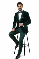 Men’s Dark Green Velvet Tuxedo Dinner Jacket – Slim Fit Formal Blazer with Satin Peak Lapel Lape