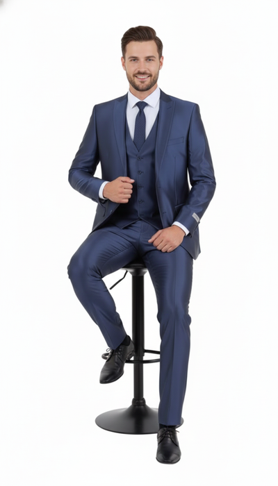 Men’s Navy Blue Shiny Finish 3-Piece Suit Set – Premium Tailored Fit Formal Wedding and Party Sateen Slim Fitted Suit 5   - from alligatorwarehouse.com