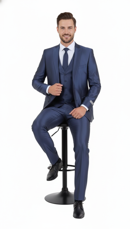 Men’s Navy Blue Shiny Finish 3-Piece Suit Set – Premium Tailored Fit Formal Wedding and Party Sateen Slim Fitted Suit