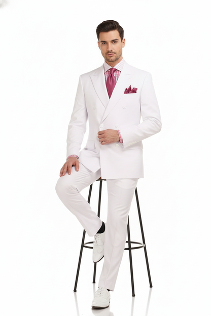 Men’s White Double-Breasted 3-Piece Suit Set – Premium Tailored Fit Formal Wedding and Evening Suit