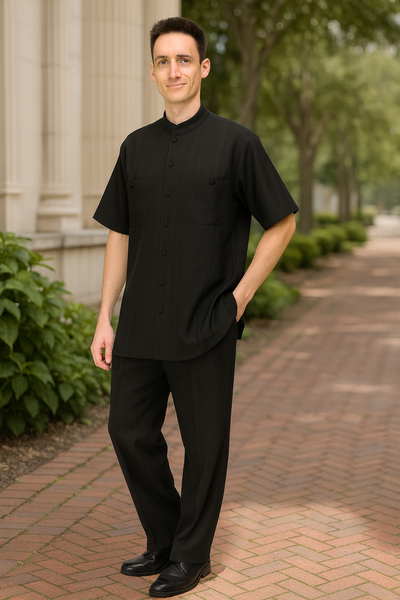 Men’s Black Banded Collar Walking Suit – Short Sleeve Shirt and Matching Pants Banded Collar Linen Fabric 2   - from alligatorwarehouse.com
