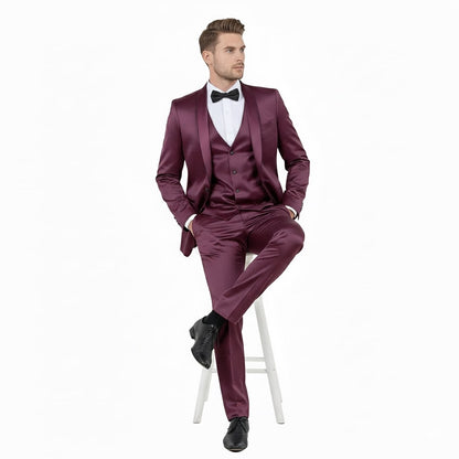Mens Sateen Shiny Burgundy Slim Fit Tuxedo – Satin Shawl Lapel 3-Piece Suit