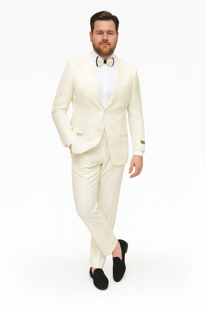 Men’s Ivory Floral Embroidered Tuxedo Jacket – Elegant Wedding and Party Blazer in Cream Color With Ivory Pants