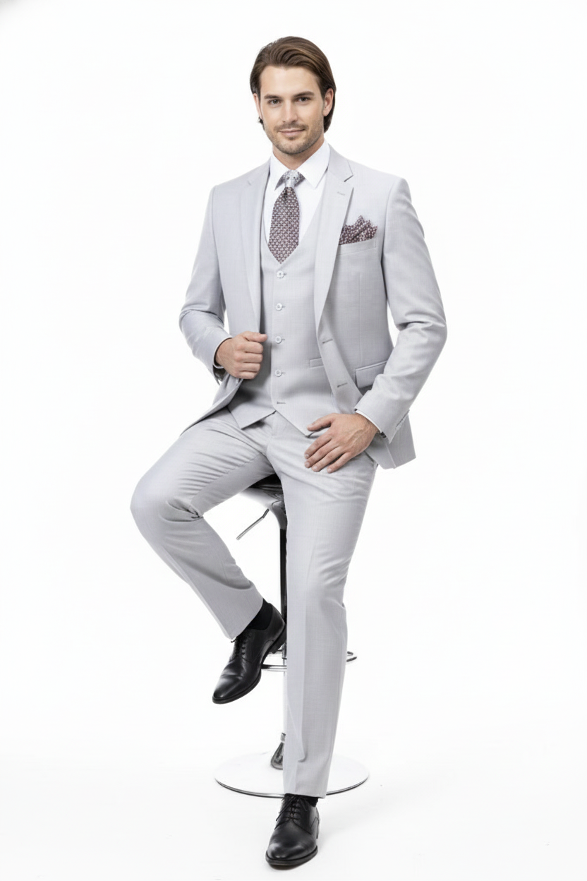 Men’s Very Light Gray Three-Piece  Wedding Suit 2 Buttons Modern or Slim Fit  Ash Bone Color Steel Grey