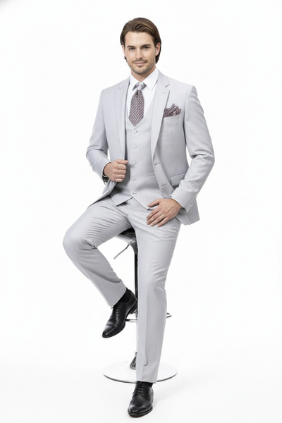 Men’s Very Light Gray Three-Piece  Wedding Suit 2 Buttons Modern or Slim Fit  Ash Bone Color Steel Grey 5   - from alligatorwarehouse.com