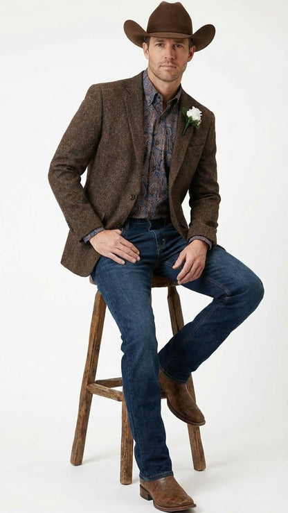 Men’s Brown Western Tweed Herringbone Blazer Jacket – Classic Cowboy Style Sport Coat for Wedding Party