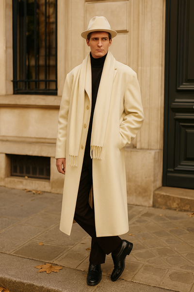 Men’s Long Cream Overcoat Wool Fabric in Ivory Off White Color Full length 4   - from alligatorwarehouse.com