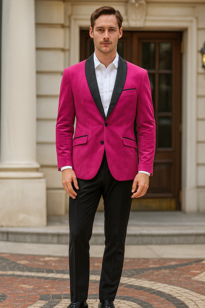 Men’s Fuchsia Tuxedo Blazer with Black Satin Lapel – Stylish Party and Wedding Jacket in Hot Pink Color with Black Pants 3   - from alligatorwarehouse.com