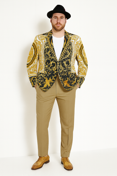 Men’s Black and Gold Baroque Blazer with Matching Pants, Hat, and Shoes – Luxury Party and Wedding Outfit Set 8   - from alligatorwarehouse.com