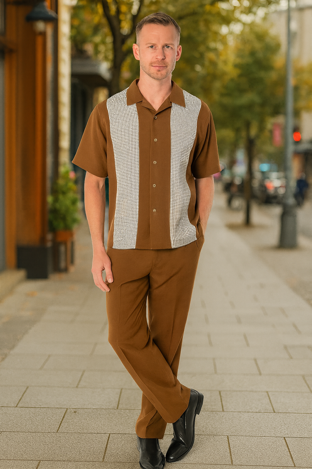 Men’s Cognac Tan Two-Piece Outfit – Short Sleeve Button-Up Shirt and Pants Set 1   - from alligatorwarehouse.com