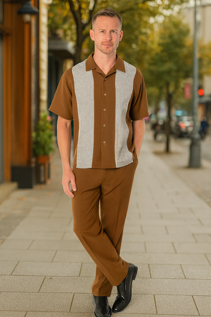 Men’s Cognac Tan Two-Piece Outfit – Short Sleeve Button-Up Shirt and Pants Set