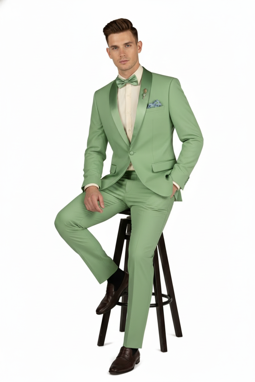 Men’s Mint Green Tuxedo – 2-Piece Formal Suit with Satin Shawl Lapel and Matching Bow Tie in  Sage Green