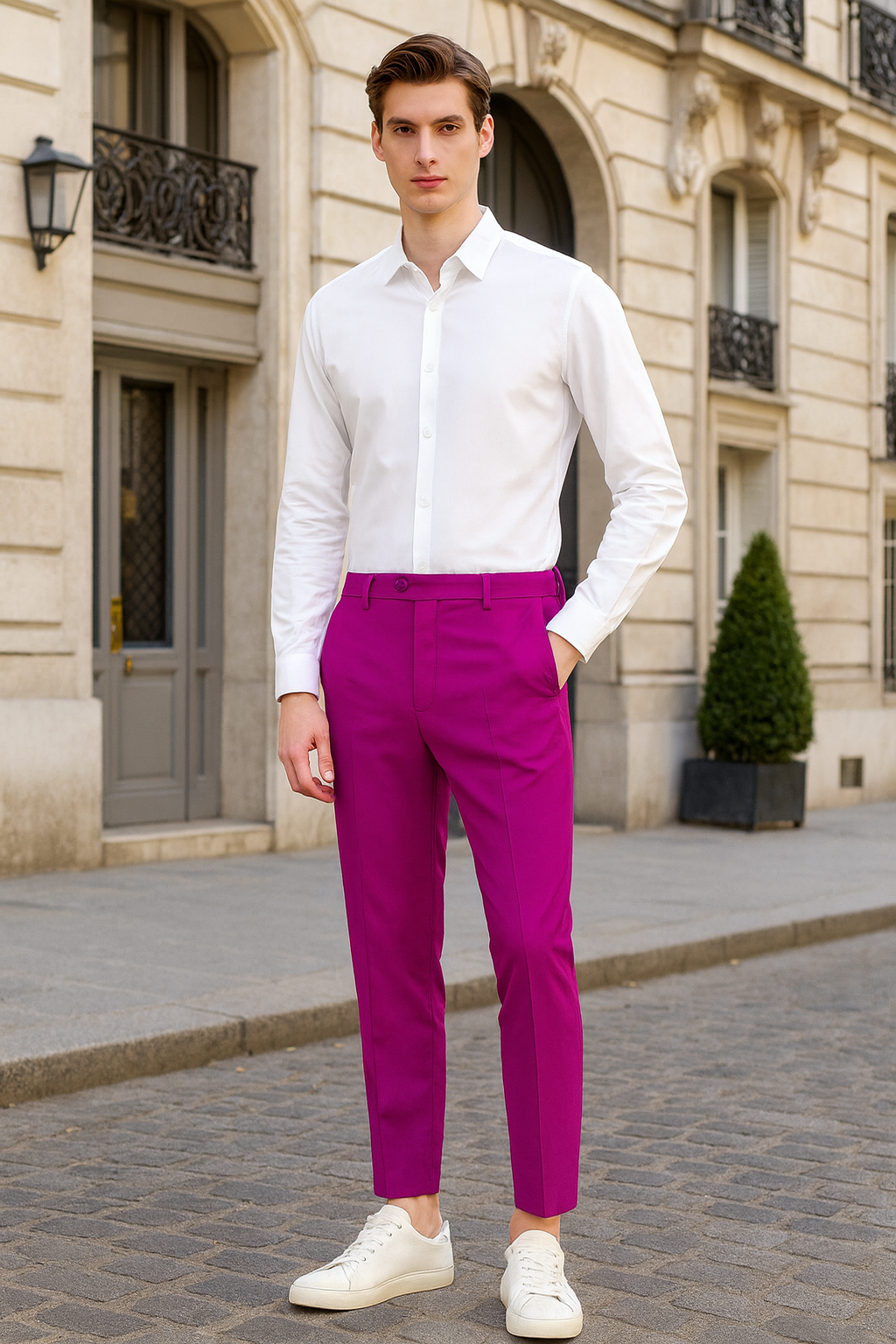 Men’s Fuchsia Dress Pants – Slim Fit Stylish Formal Trousers for Parties in Hot Pink Color 1   - from alligatorwarehouse.com