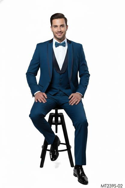 Men’s Teal Blue Tuxedo – 3-Piece Formal Suit with Satin Shawl Lapel, Vest, and Pants in Saphire Cobalt Blue Color