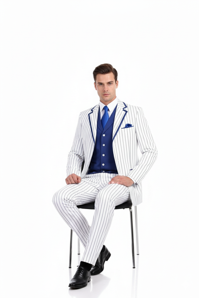 Men’s White and Royal Blue Pinstripe 3-Piece Suit – Classic Fit Blazer with Vest, Pants, and Tie 3   - from alligatorwarehouse.com