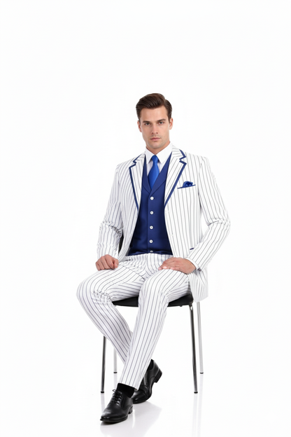Men’s White and Royal Blue Pinstripe 3-Piece Suit – Classic Fit Blazer with Vest, Pants, and Tie