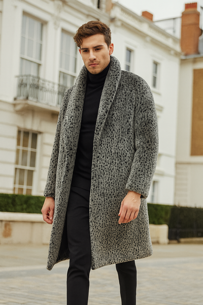 Men’s Luxury Long Grey Faux Fur Coat – Winter Overcoat with Animal Print Design 5   - from alligatorwarehouse.com