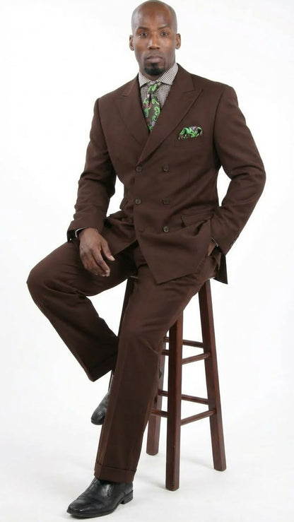 Men’s 6 on 3 Style Brown Double Breasted Suit with Wide Leg Pleated Pants, Classic Formal 2 Piece Dress Suit Set
