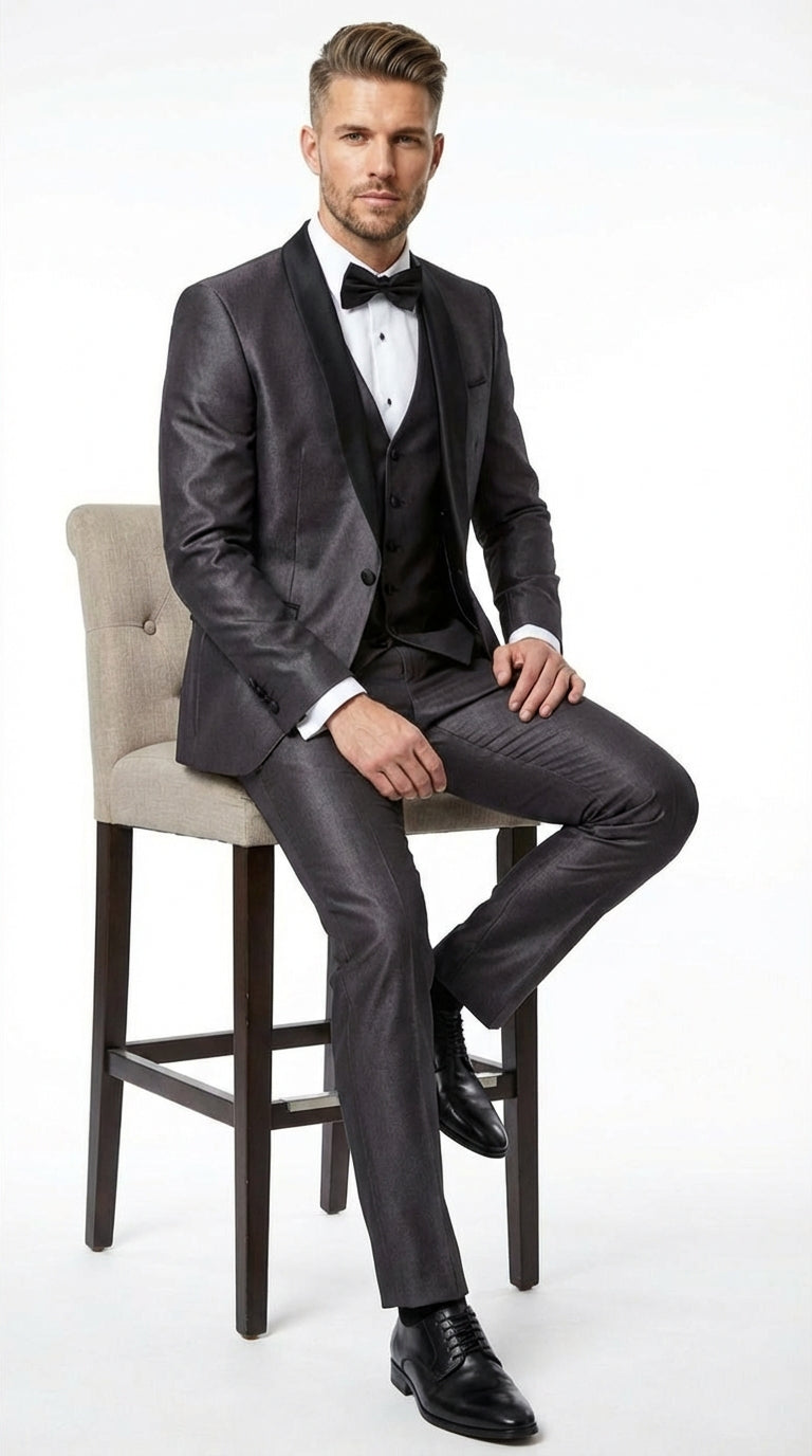 Men’s Shiny Sateen Charcoal Gray Tuxedo Three Piece Suit with Black Shawl Lapel | Formal Wedding Prom Suit Sharkskin