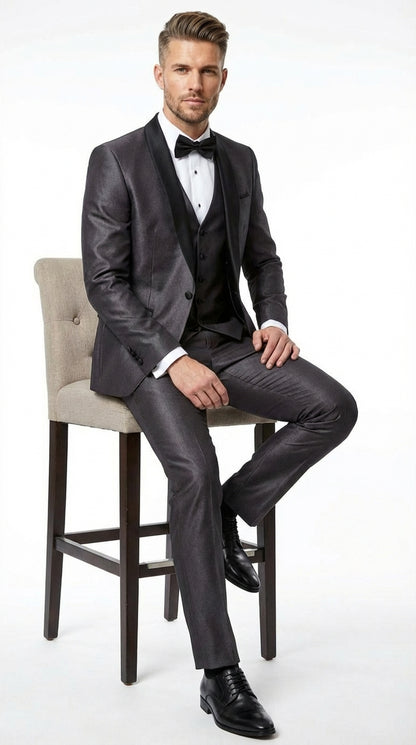 Men’s Shiny Sateen Charcoal Gray Tuxedo Three Piece Suit with Black Shawl Lapel | Formal Wedding Prom Suit Sharkskin