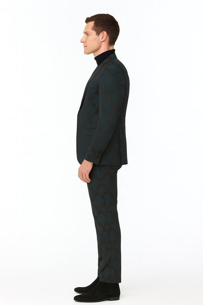 Men’s Emerald Green Floral Jacquard 3-Piece Tuxedo Suit – Slim Fit Formal Set with Blazer, Vest, and Pants Paisley Fabric - Ultra slim fitted 4   - from alligatorwarehouse.com